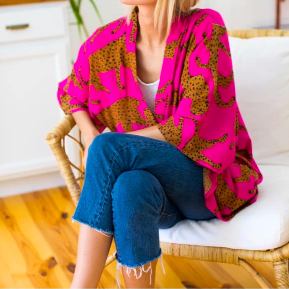 Emerson Fry India Collection Tiger Pink Open Front Kimono‎ Cardigan
